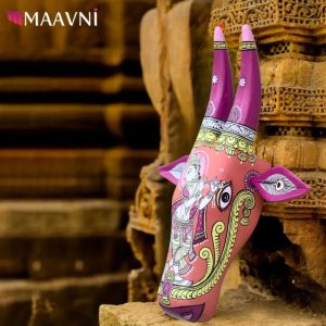 Hand-painted Pattachitra Cow Head Krishna Peach & Pink
