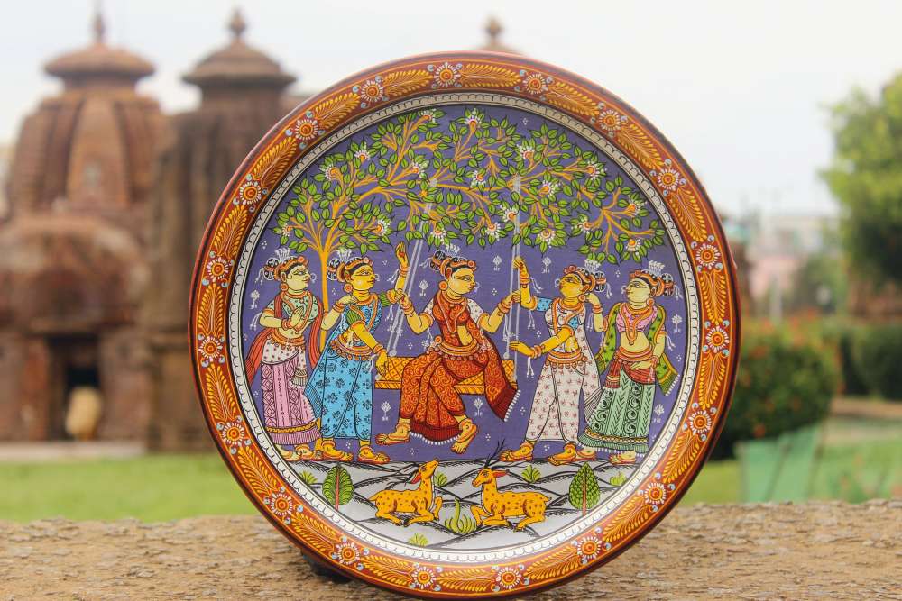 Hand-painted Pattachitra Radha In Jhoola With Gopis Wall Plate |