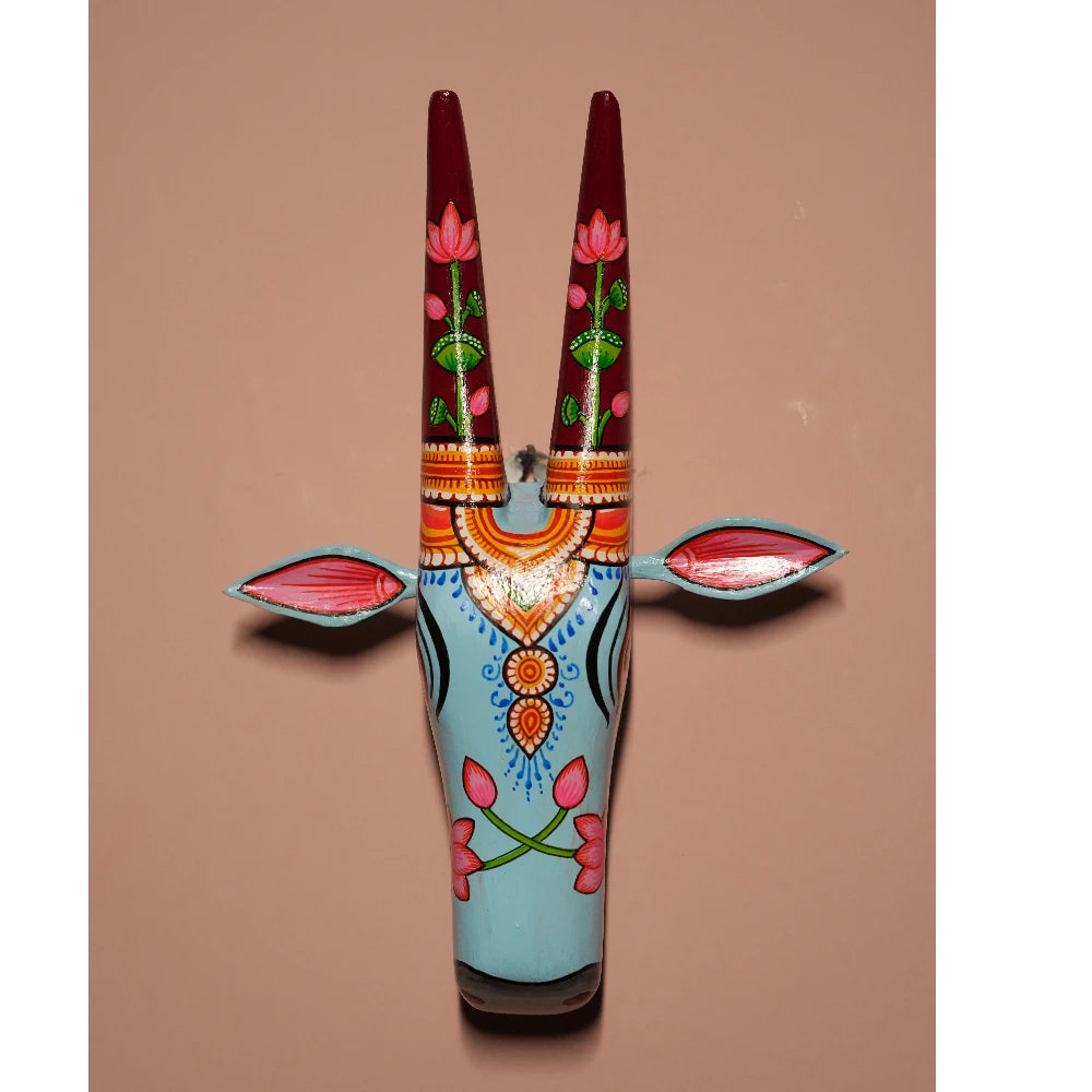 Hand-painted Pattachitra Cow Head Light Sky Blue - Image 2