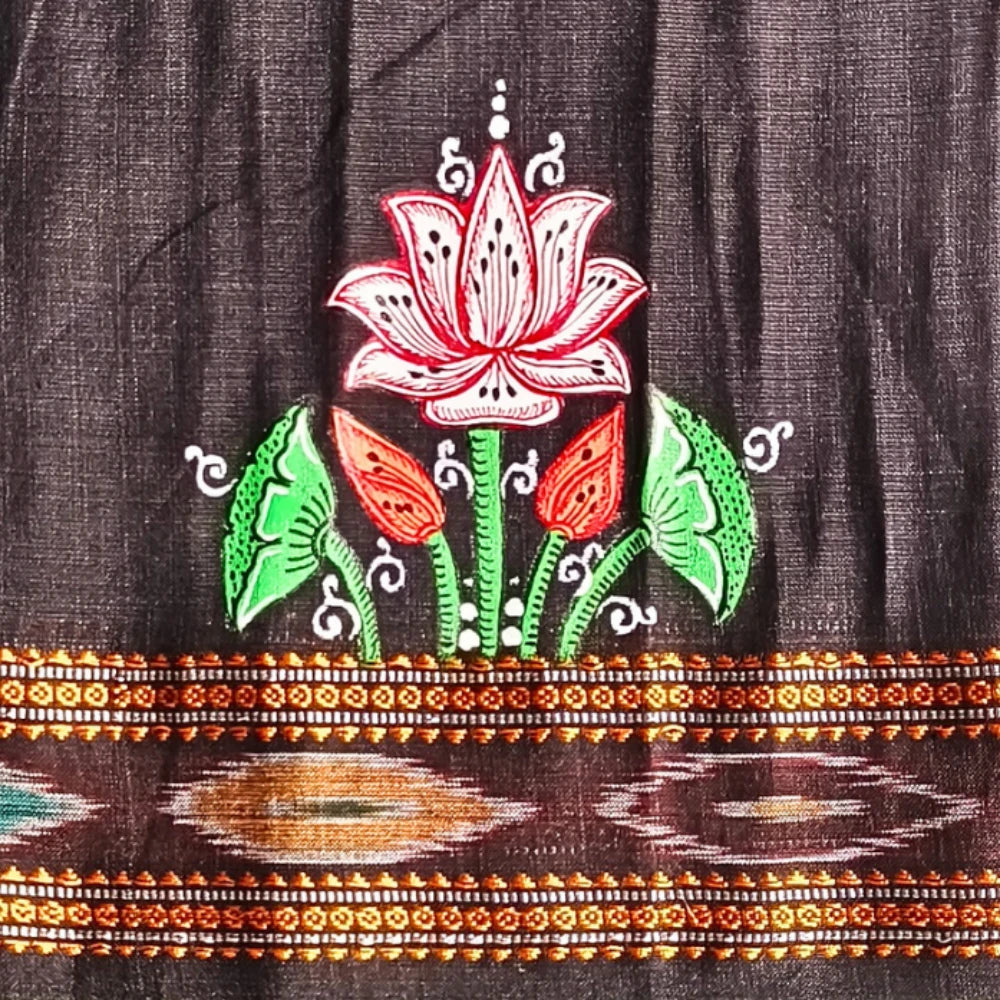 Hand-painted Pattachitra Lotus Theme With Lotus On Sleeves Blouse - Image 3