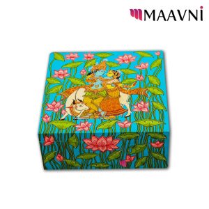 Hand-painted Pattachitra Radha Krishna Lotus Theme Utility Box Decor