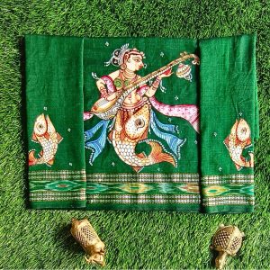 Hand-painted Pattachitra Blouse Piece – Matsya Kanya with Veena and Fish Motifs