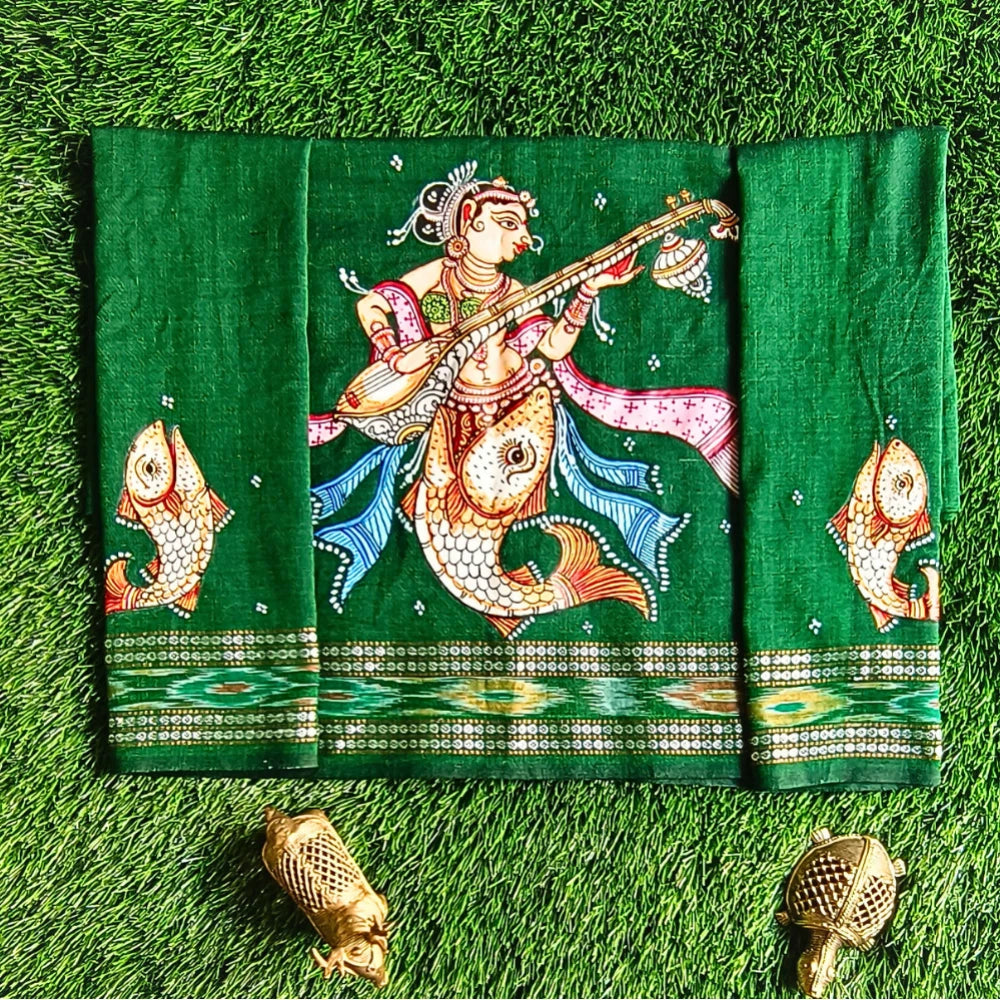 Hand-painted Pattachitra Blouse Piece – Matsya Kanya with Veena and Fish Motifs