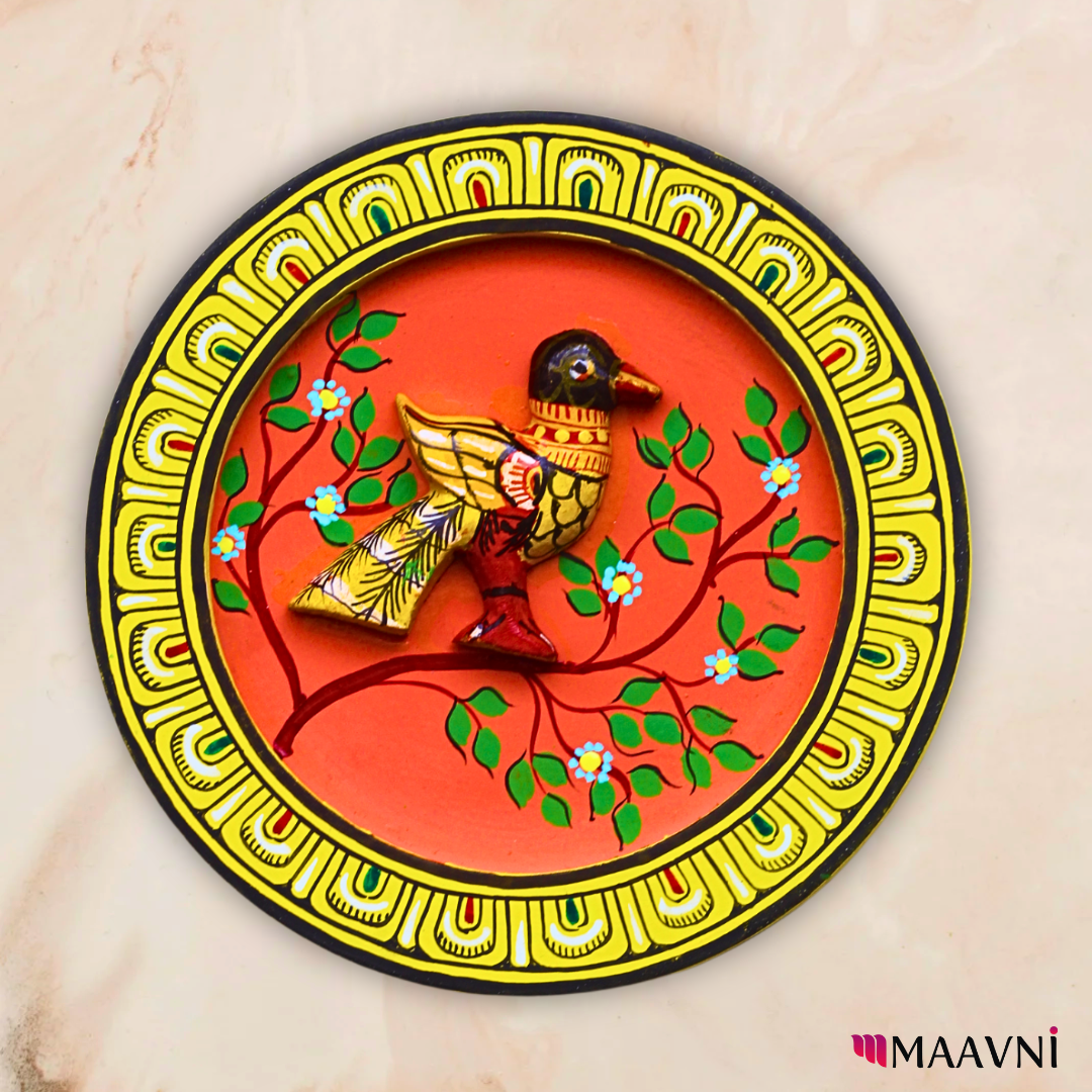Hand-Painted Toy Pattachitra Wall Plate - Yellow & Orange Branch Design