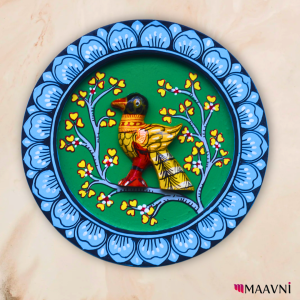 Hand-Painted Toy Pattachitra Wall Plate -Bird Motif on Green Base