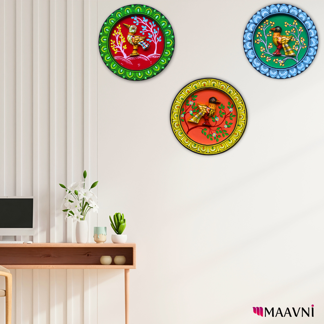 Hand-Painted Toy Pattachitra Wall Plate - Yellow & Orange Branch Design - Image 2