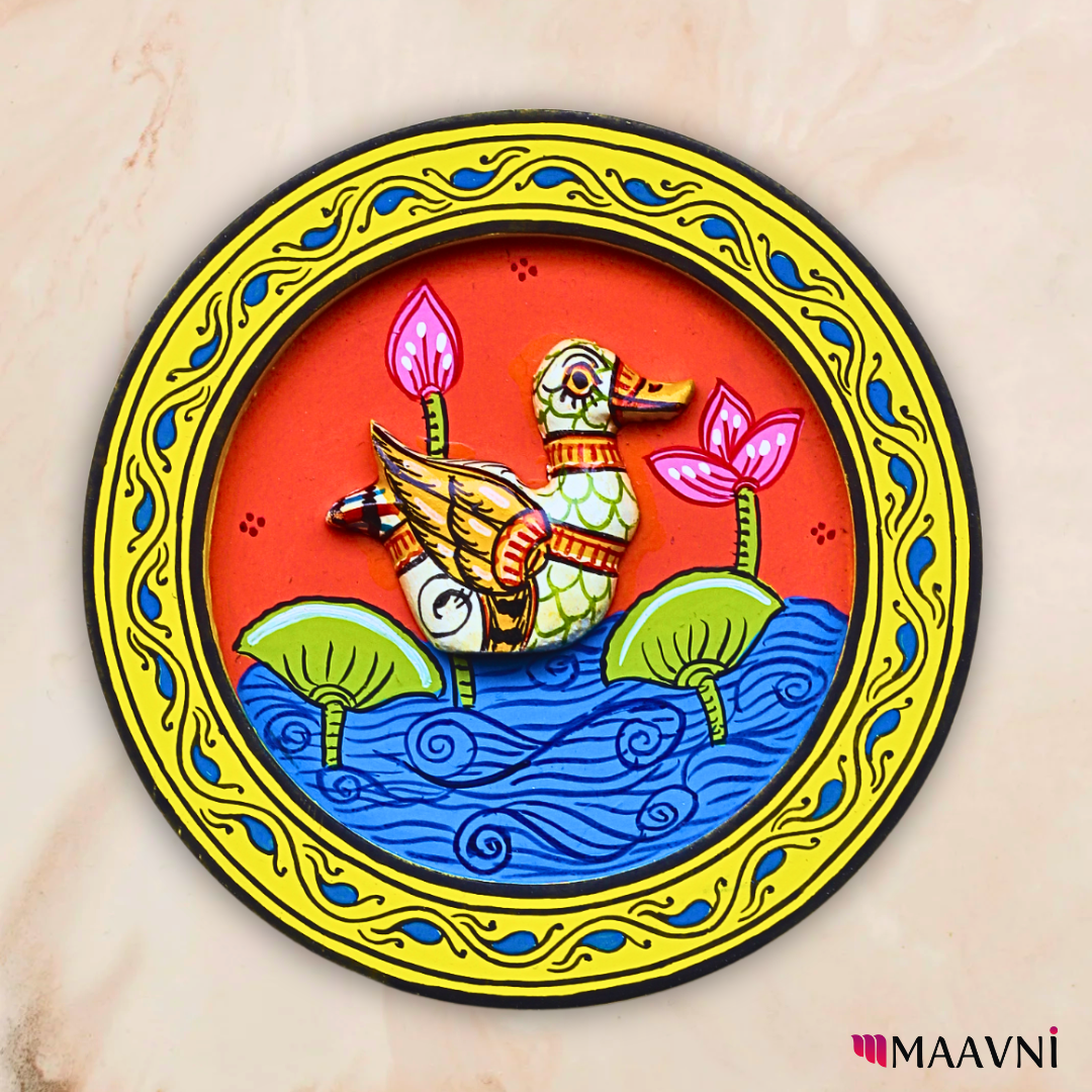 Hand-Painted Toy Pattachitra Wall Plate - Duck on Lotus Pond