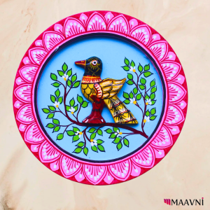 Hand-Painted Toy Pattachitra Wall Plate - Bird with Pink Floral Frame