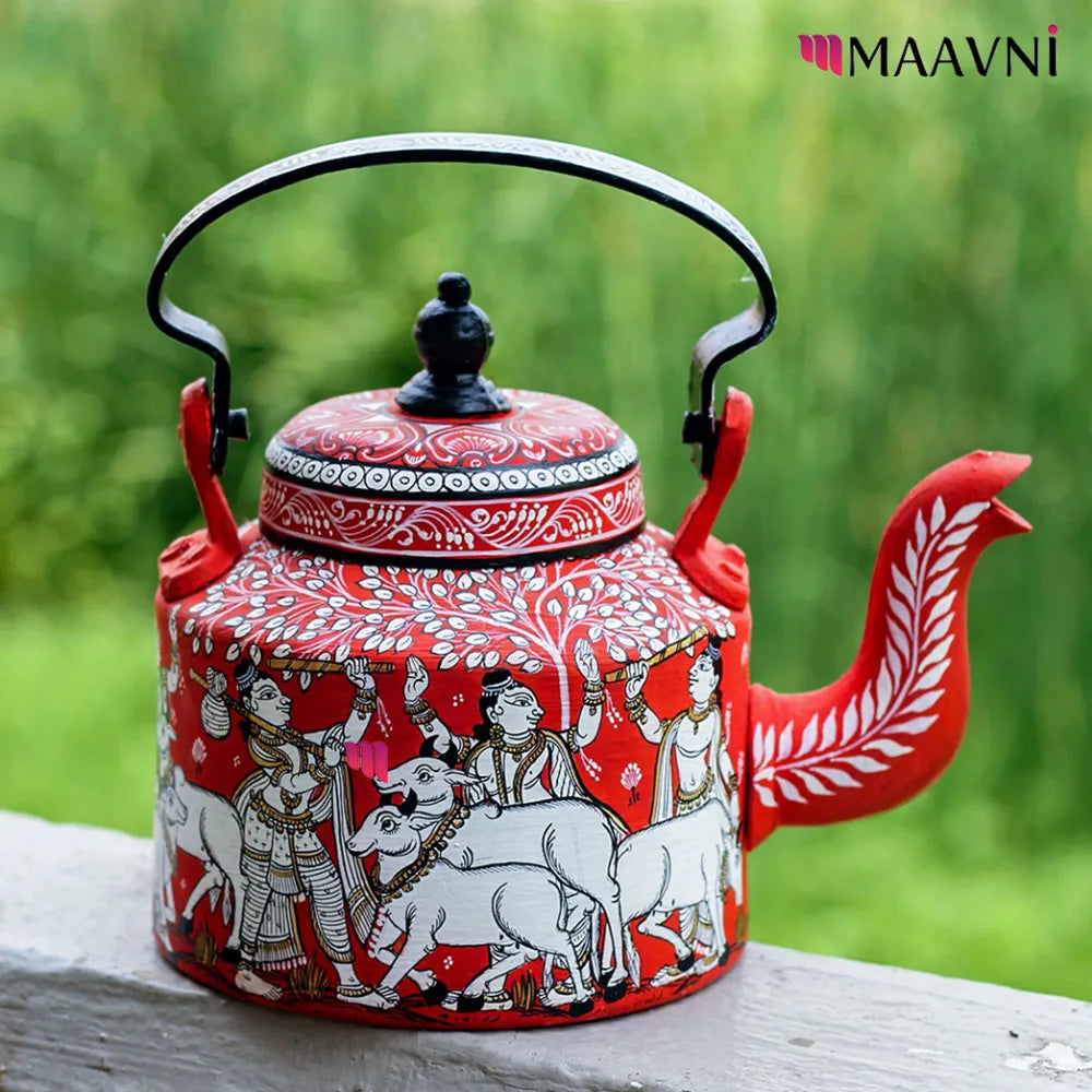 Hand-painted Pattachitra Krishna With Cow Theme Kettle | Maavni - Image 3