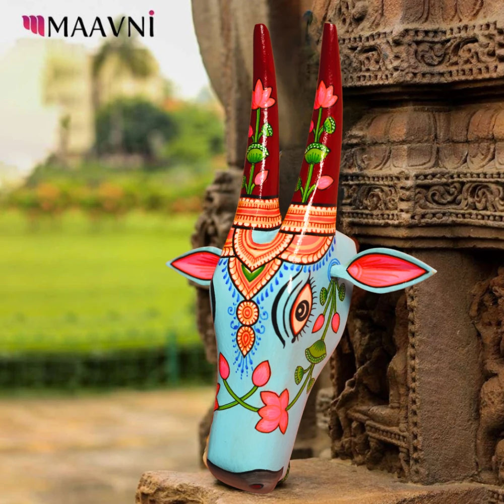 Hand-painted Pattachitra Cow Head Light Sky Blue