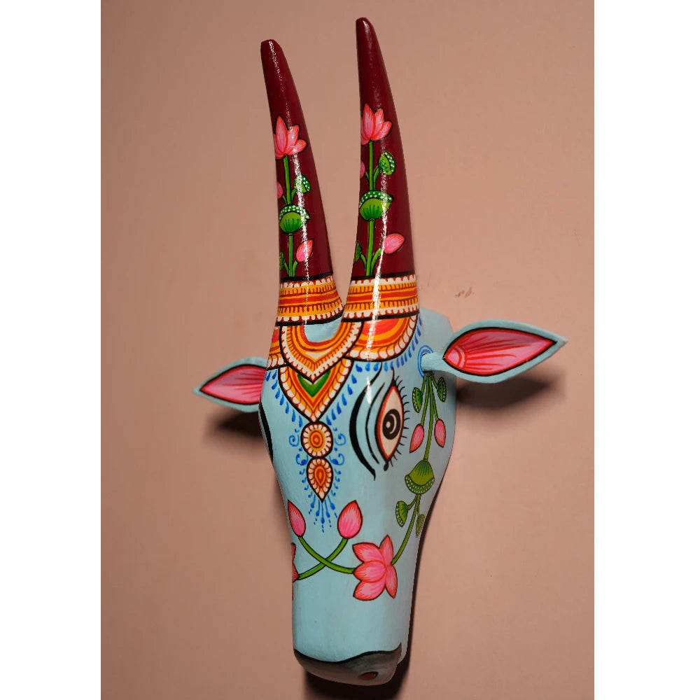 Hand-painted Pattachitra Cow Head Light Sky Blue - Image 3