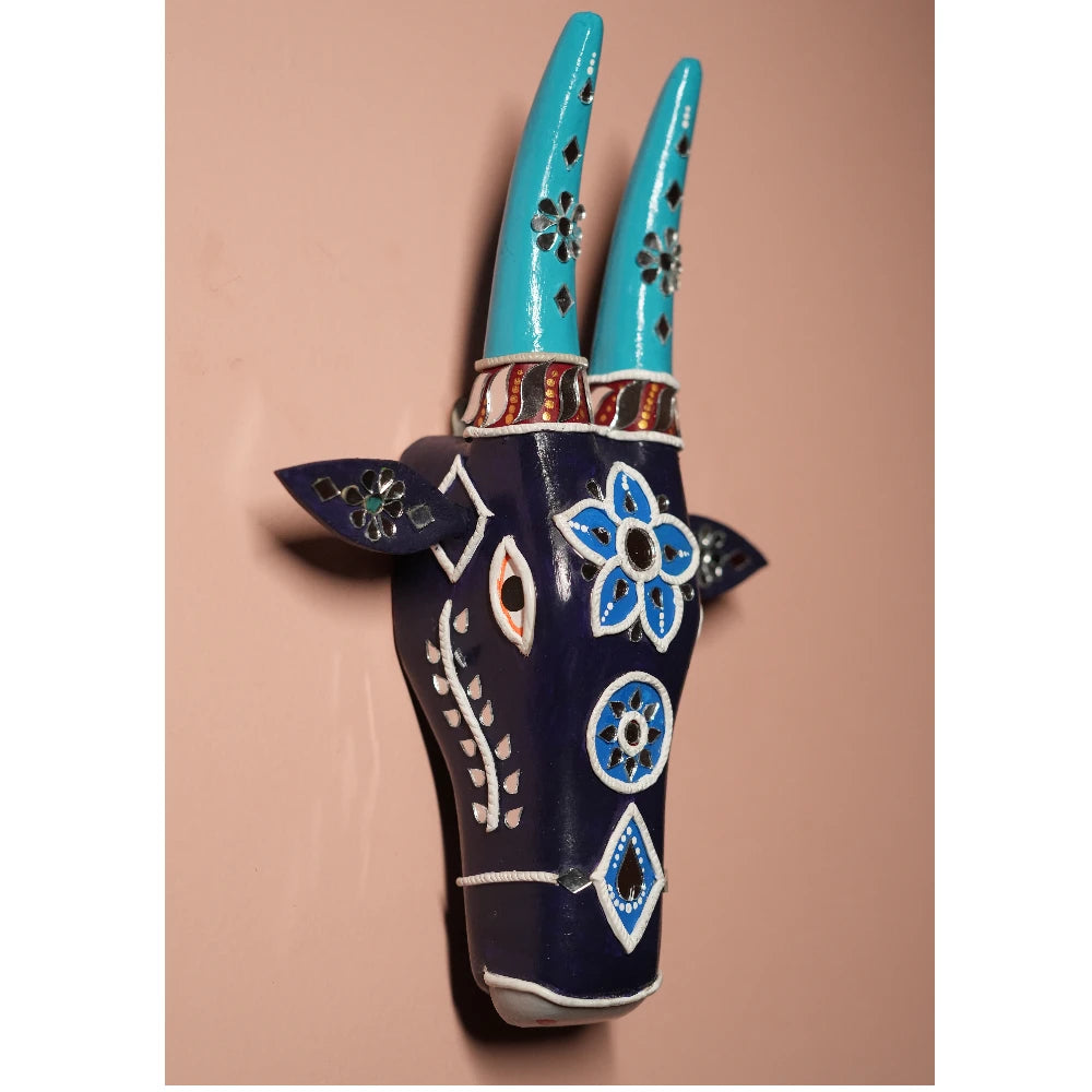 Hand-painted Pattachitra Cow Head Blue Mirror Work - Image 3