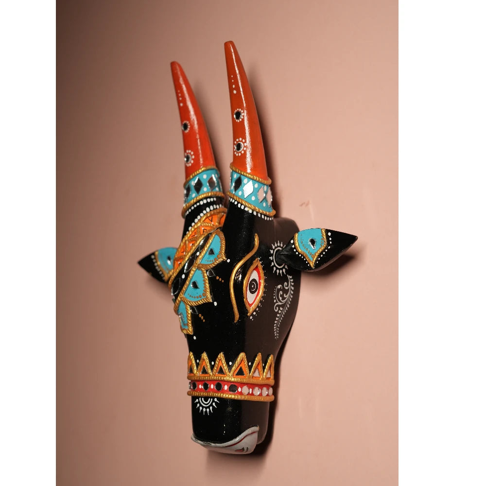 Hand-painted Pattachitra Cow Head Black Mirror work - Image 2