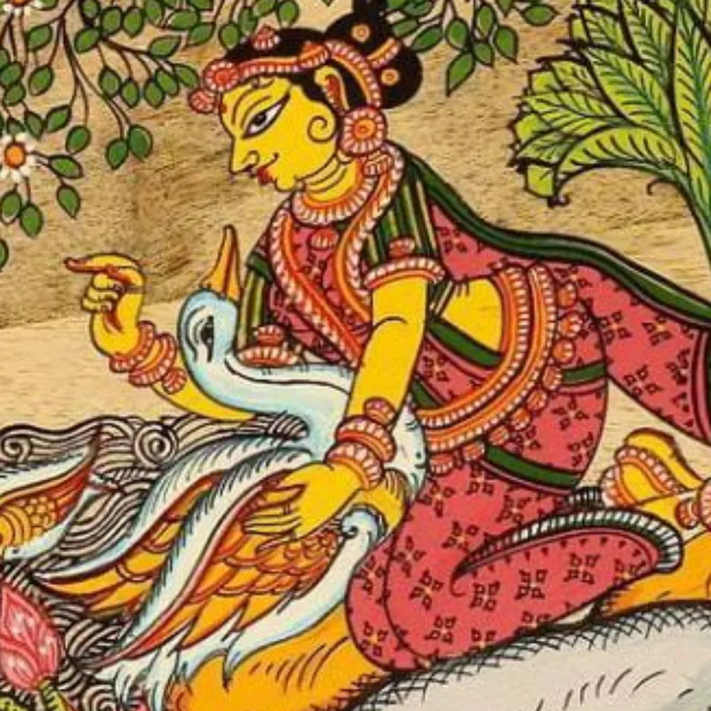 Hand-painted Pattachitra Lady With Swan Floral Wall Plate | Maavni