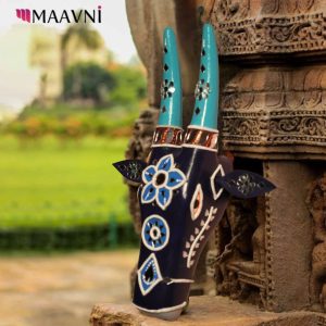Hand-painted Pattachitra Cow Head Blue Mirror Work